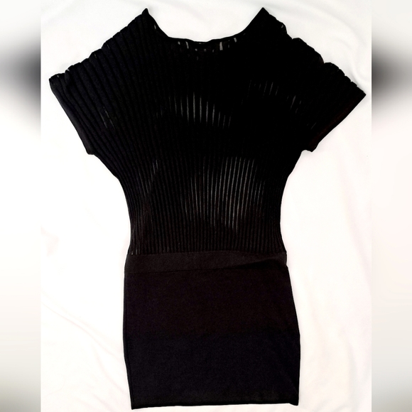 Trina Turk Black Sweater Knit Dress Mini Pima Cotton Mesh Dolman Sleeve LBD M - Picture 6 of 16